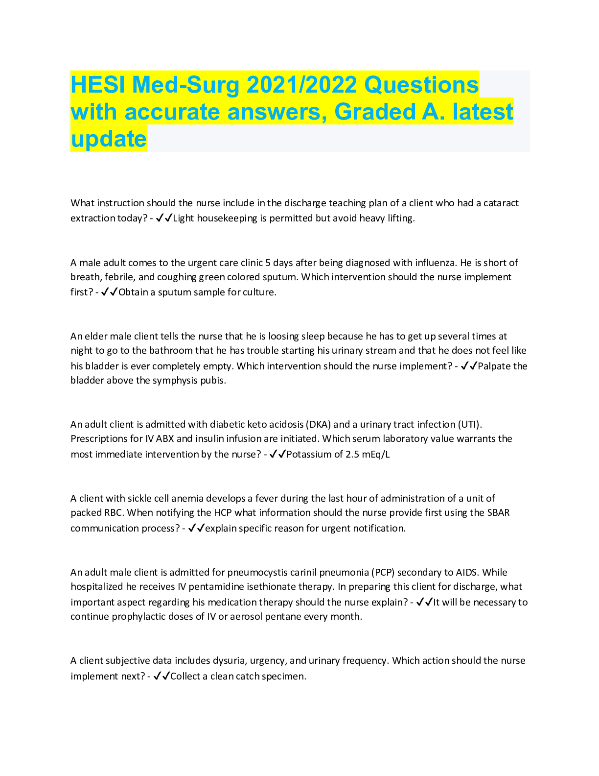 Preview image for HESI Med-Surg 2021/2022 Questions with accurate answers, Graded A. latest update